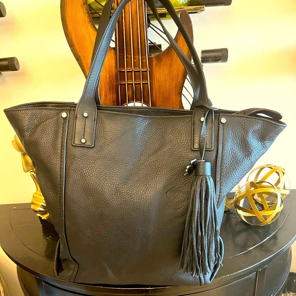 Lucky Brand Pebbled Black Leather Tote Bag w/ Fringe Tassle